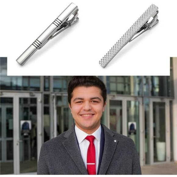 Silver Tie Clips for Men Classic Tie Bars Formal Wedding Business Gift Set - Picture 4 of 7